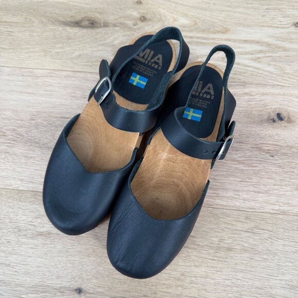 MIA Sofia Leather Wooden Block Heel Clog Shoe Size EU 39/US 8.5-9 Black Swedish - Picture 2 of 14